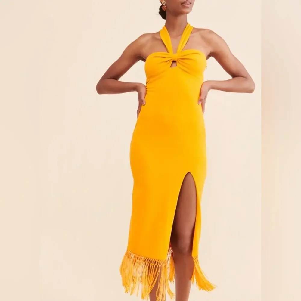 Saylor Women’s Jynx Fringe Halter Neck Mango Yellow Knit Midi Dress Sz S - Picture 13 of 13
